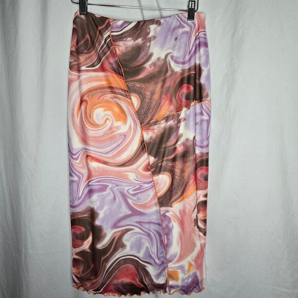 Love, Fire Women's Mesh Swirl Y2K Midi Skirt Size L Rave Funky Festival Pull-On - Picture 5 of 12